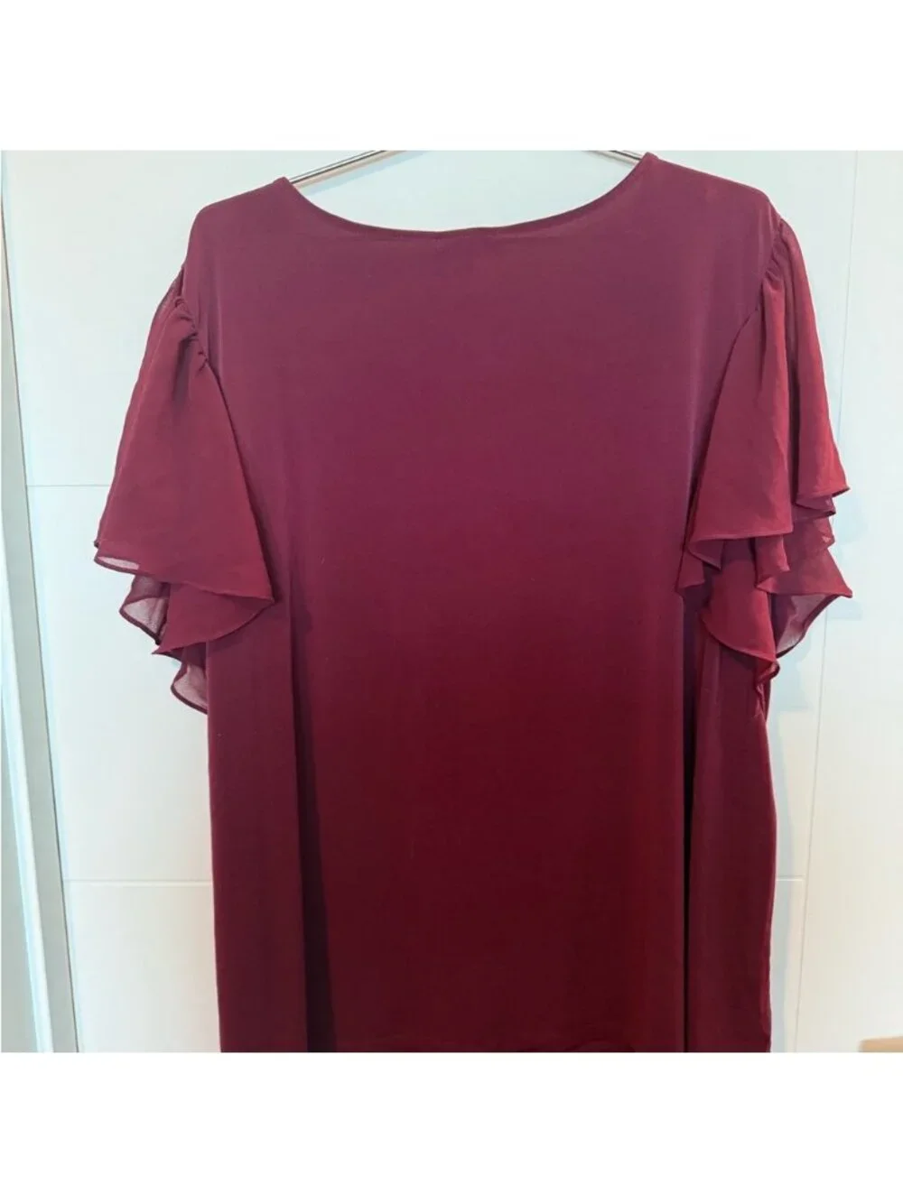 Red Flutter Sleeve Blouse with Ruffled Design - Picture 2 of 3